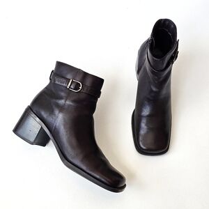 Y2K Jasmin Sport Leather Ankle Boots Brown 7M Block Heel Buckle Zip